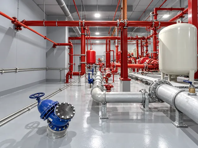 Fire pump room with strainer and pressure vessel