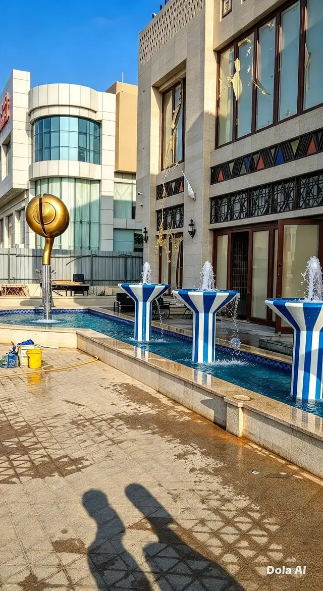 Restaurant frontage: lit pillar fountains and blue basin