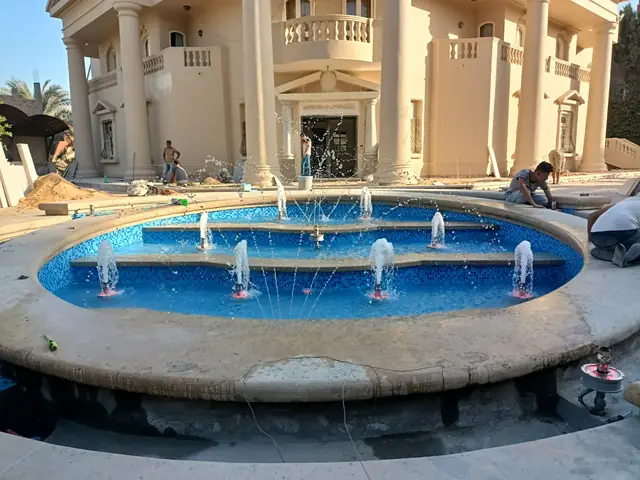 Entrance fountain before final finishing, nozzles in place