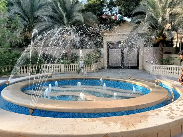 Entrance fountain in operation after completion