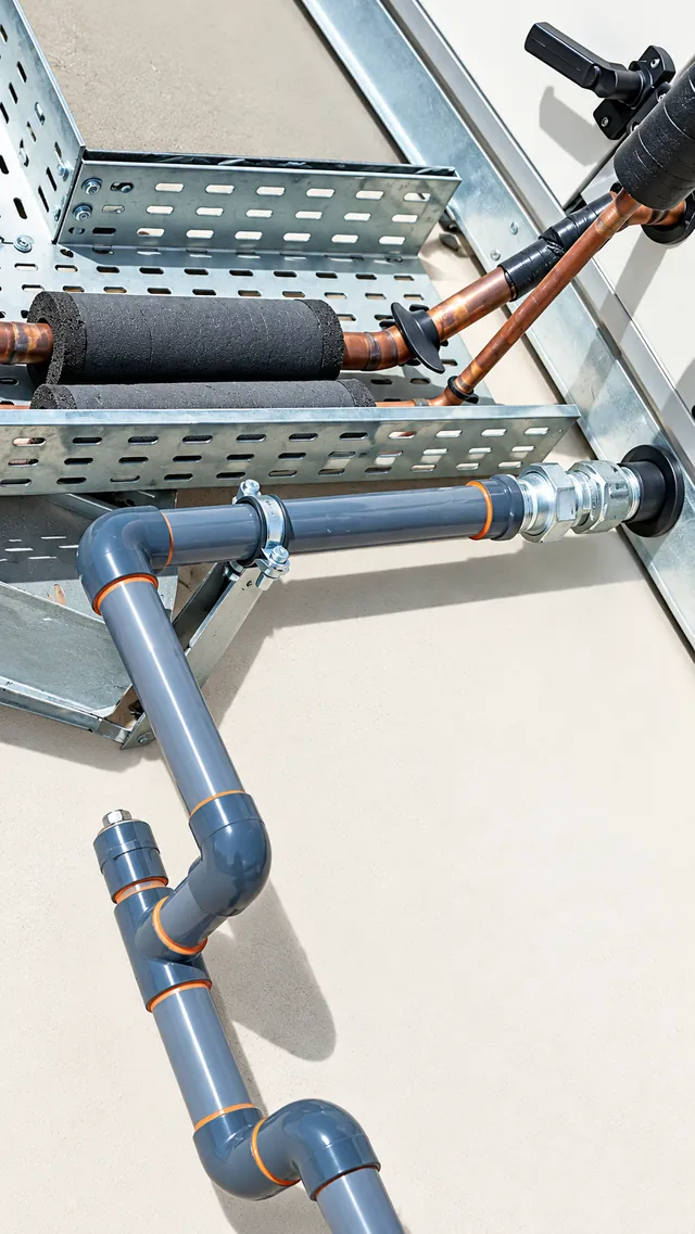 Drain line alongside cable tray and insulated pipes