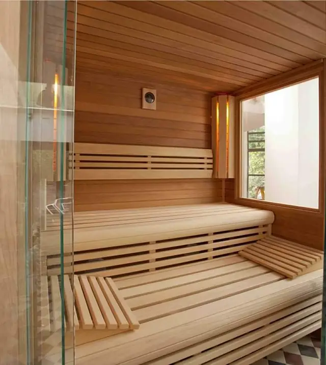 Sauna with tiered benches and glass front