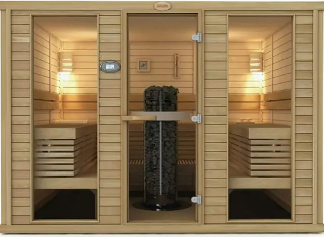 Prefabricated sauna cabin with glass front and tower heater