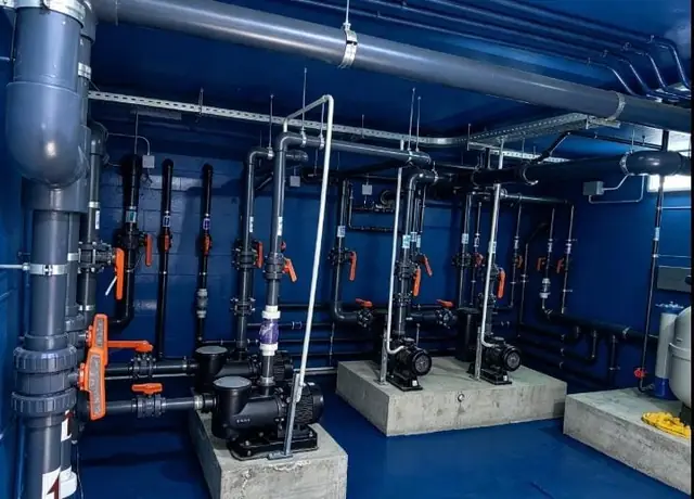 Pumps on plinths with suction and discharge lines