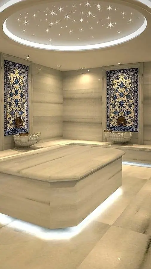 Hammam with lit platform, starlit ceiling and tile panels