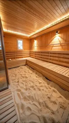Relaxation room with warm-sand floor and timber lining